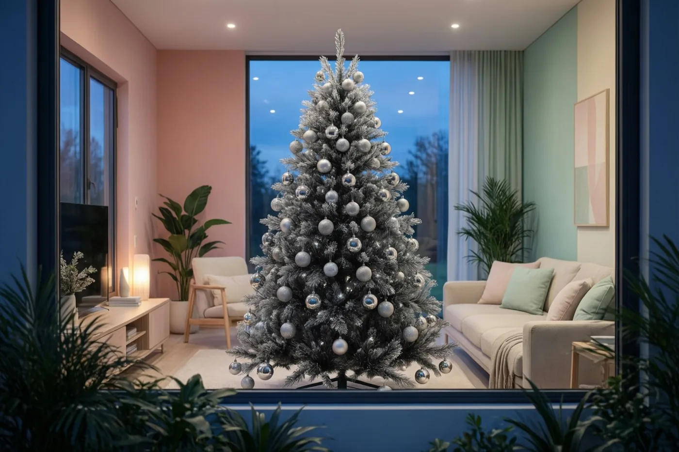 Door een raamkozijn is een zilverberijpte kerstboom met zilveren kerstballen te zien in een minimalistische woonkamer met pastelroze en mintgroene muren en kamerplanten.