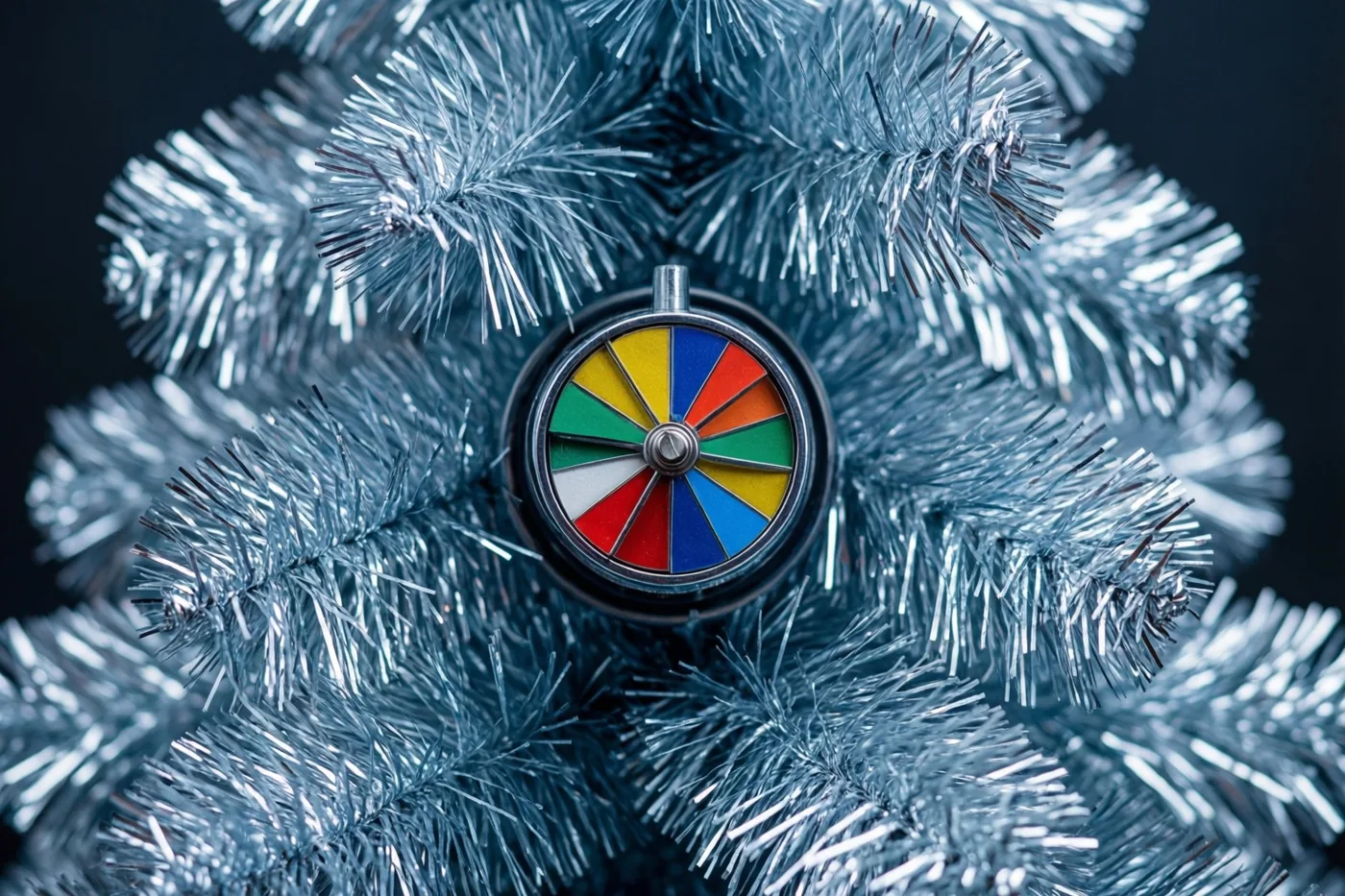 Een zilverkleurige aluminium kerstboom in retrostijl met een kleurrijk draaiend rad als versiering in het midden is van dichtbij te zien tegen een donkere achtergrond.