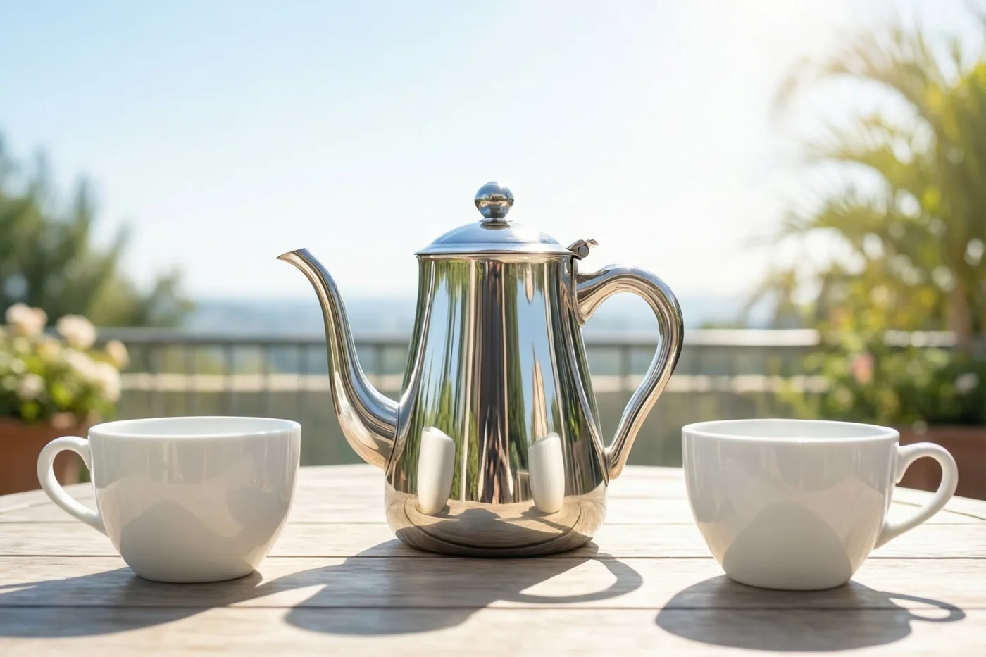 Een glanzende zilveren koffiepot en twee witte kopjes staan op een houten terrastafel in fel zonlicht, met onscherp groen en een helderblauwe lucht op de achtergrond.