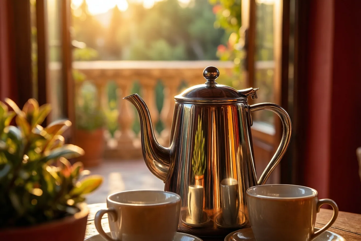 Een gepoetste zilveren koffiepot en twee witte kopjes staan op een houten tafel op een zonnig terras, met groen op de achtergrond.