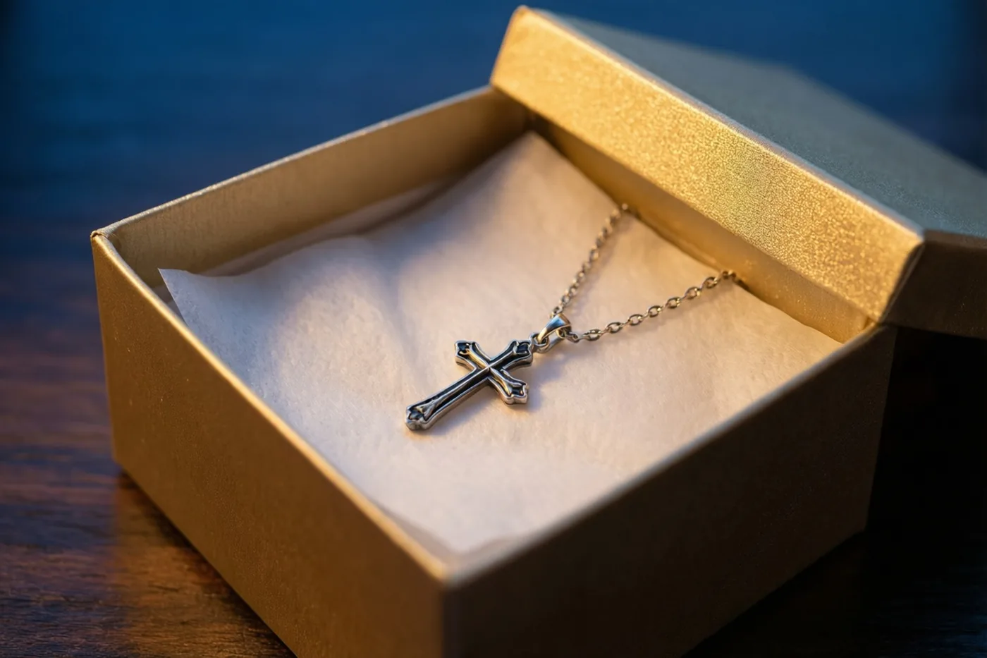 Een zilveren halsketting met een klein kruis ligt op wit zijdepapier in een open gouden geschenkdoos op donker hout, tegen een blauwe achtergrond.