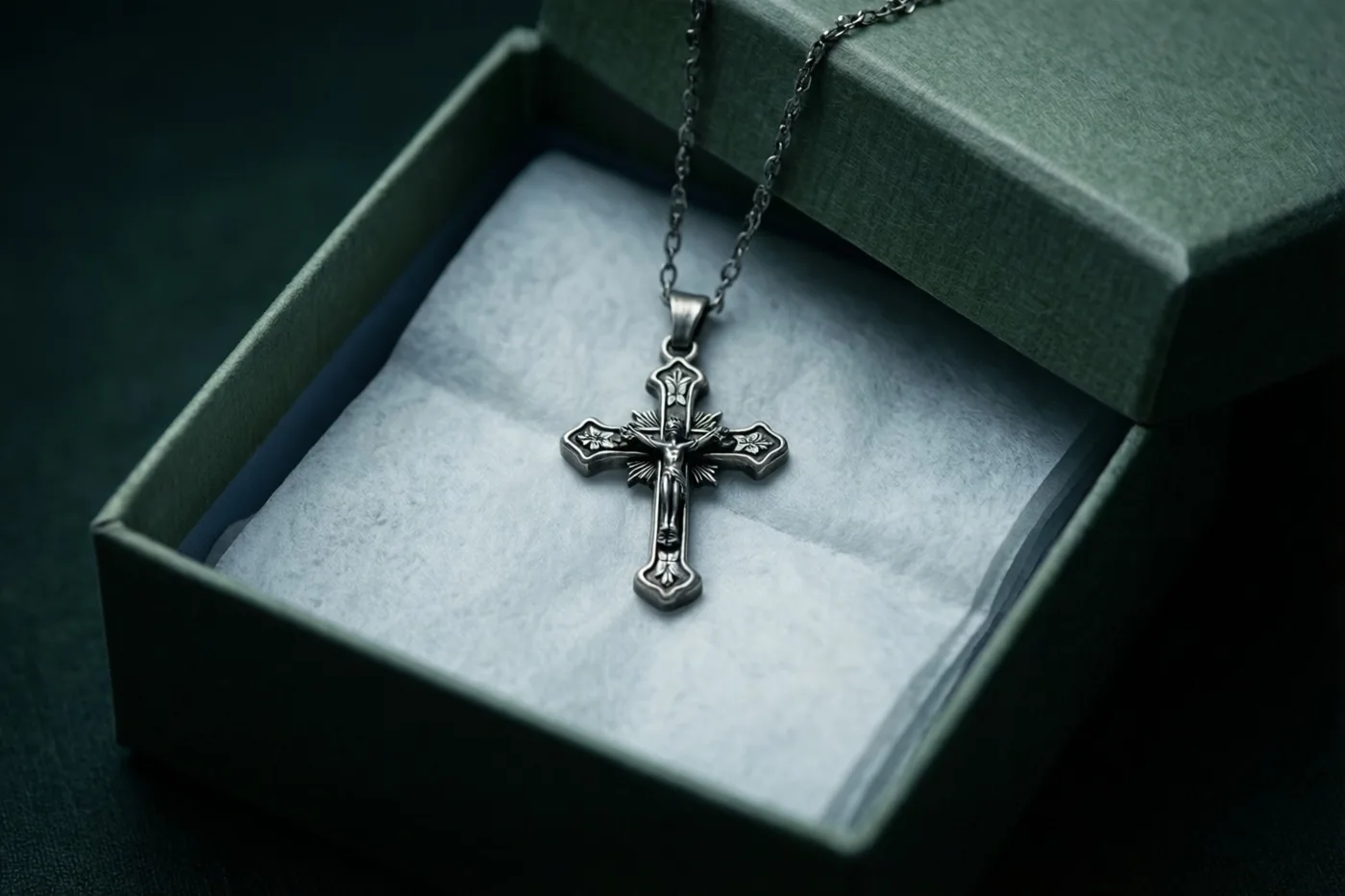 Een zilveren crucifix aan een ketting ligt op wit zijdepapier in een open groen geschenkdoosje tegen een donkergroene achtergrond.