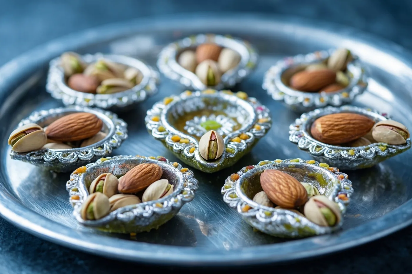 Kleine, sierlijke zilveren olielampjes gevuld met amandelen en pistachenoten staan op een groter zilveren dienblad tegen een donkerblauwe achtergrond.