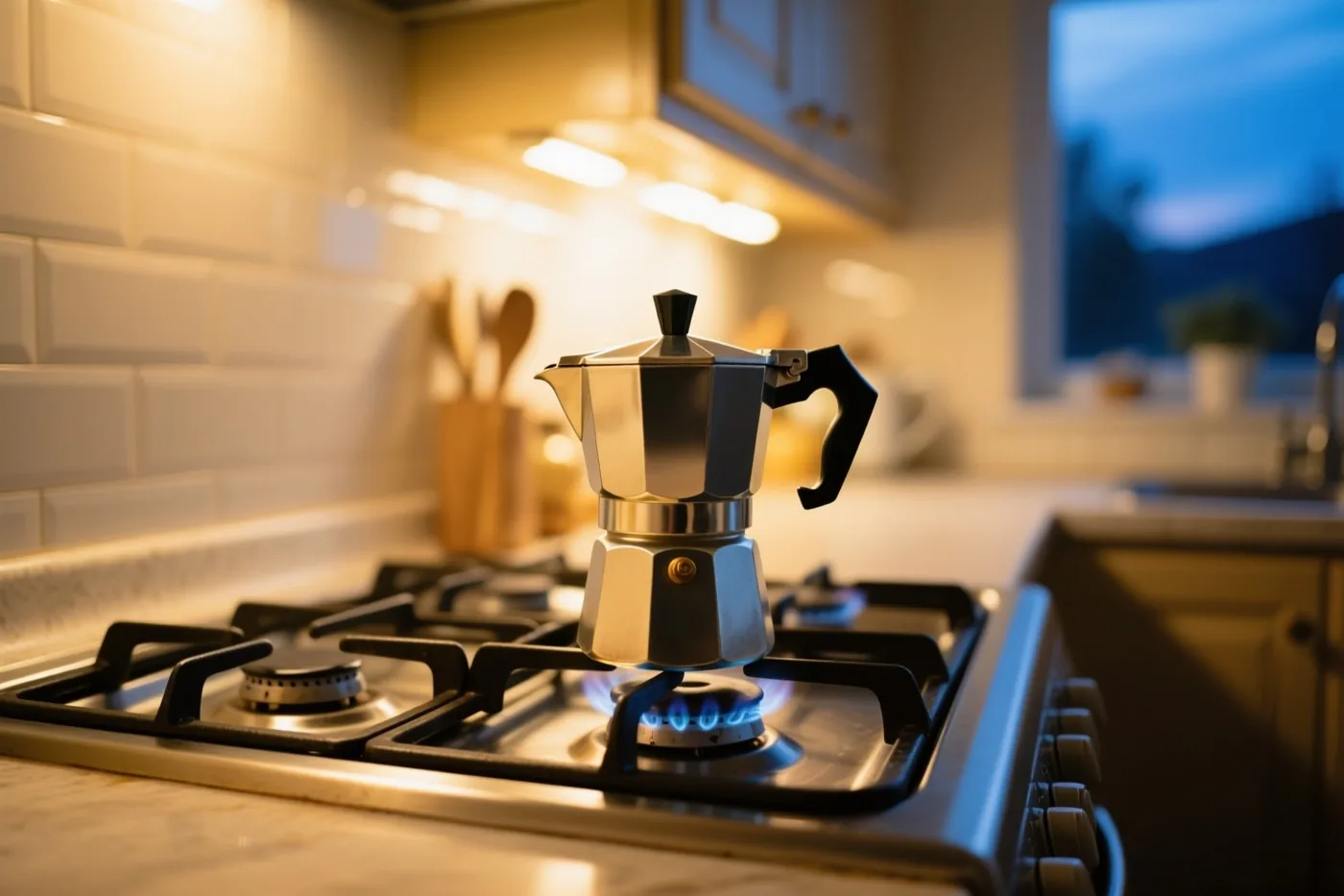 Een zilverkleurig mokkapotje staat op een brandende gaspit in een warm verlichte keuken met witte wandtegels en gele en blauwe tinten.