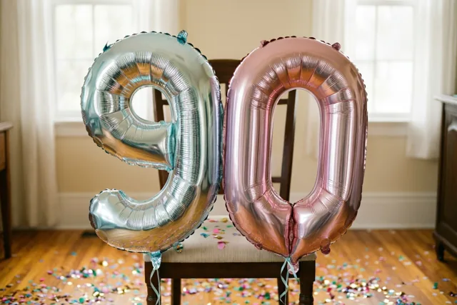 Een zilveren ballon in de vorm van 9 en een roségouden ballon in de vorm van 0 zijn aan een stoel vastgemaakt in een lichte kamer met confetti op de houten vloer.