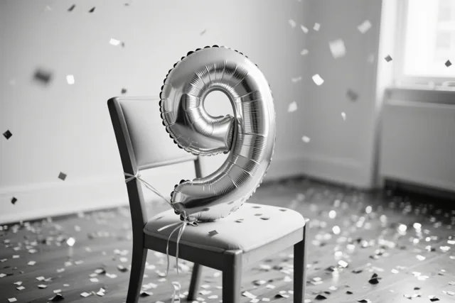 Een monochrome foto toont een zilveren folieballon in de vorm van een 9 aan een stoel in een lichte kamer, met confetti op de vloer en in de lucht.