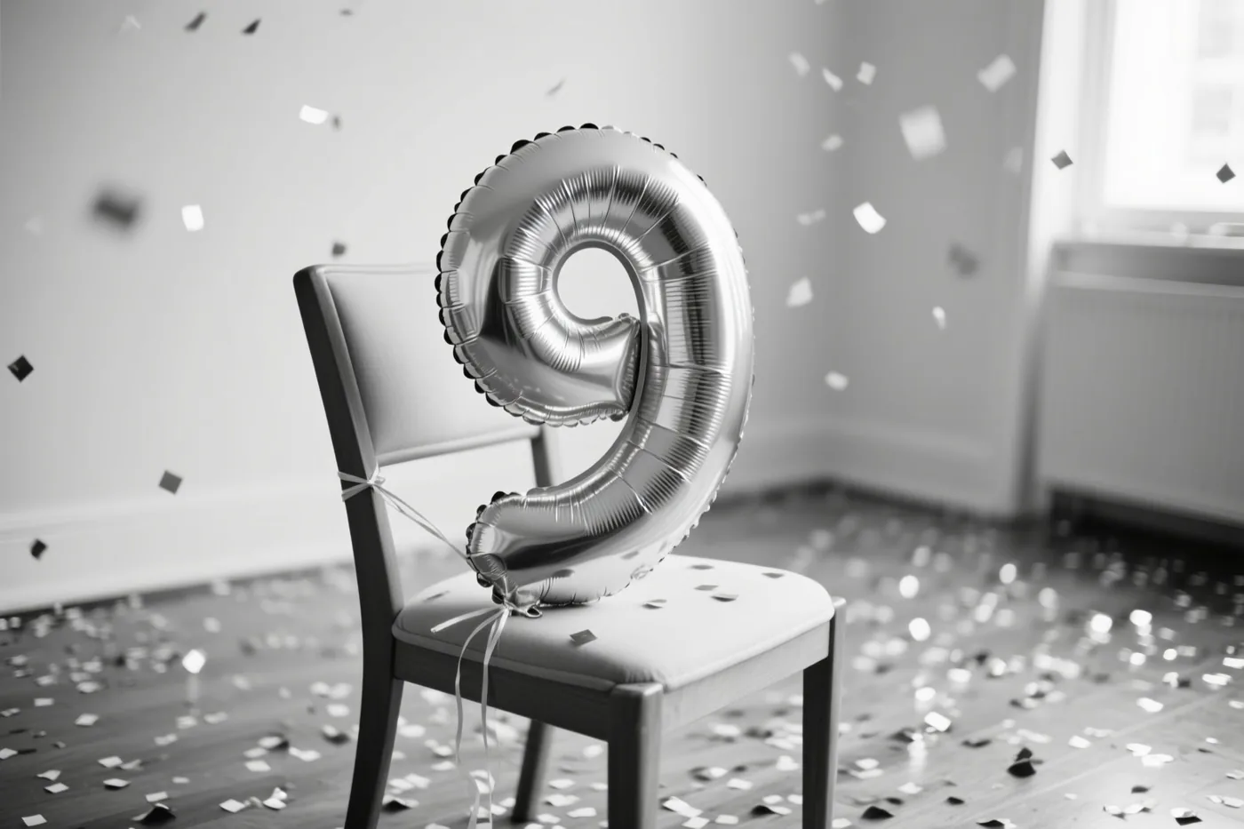 Een monochrome foto toont een zilveren folieballon in de vorm van een 9 aan een stoel in een lichte kamer, met confetti op de vloer en in de lucht.