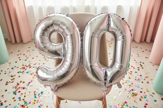 Twee grote zilveren folieballonnen vormen 90 aan een beige stoel in een lichte kamer met kleurrijke confetti op de vloer en pastelroze gordijnen.