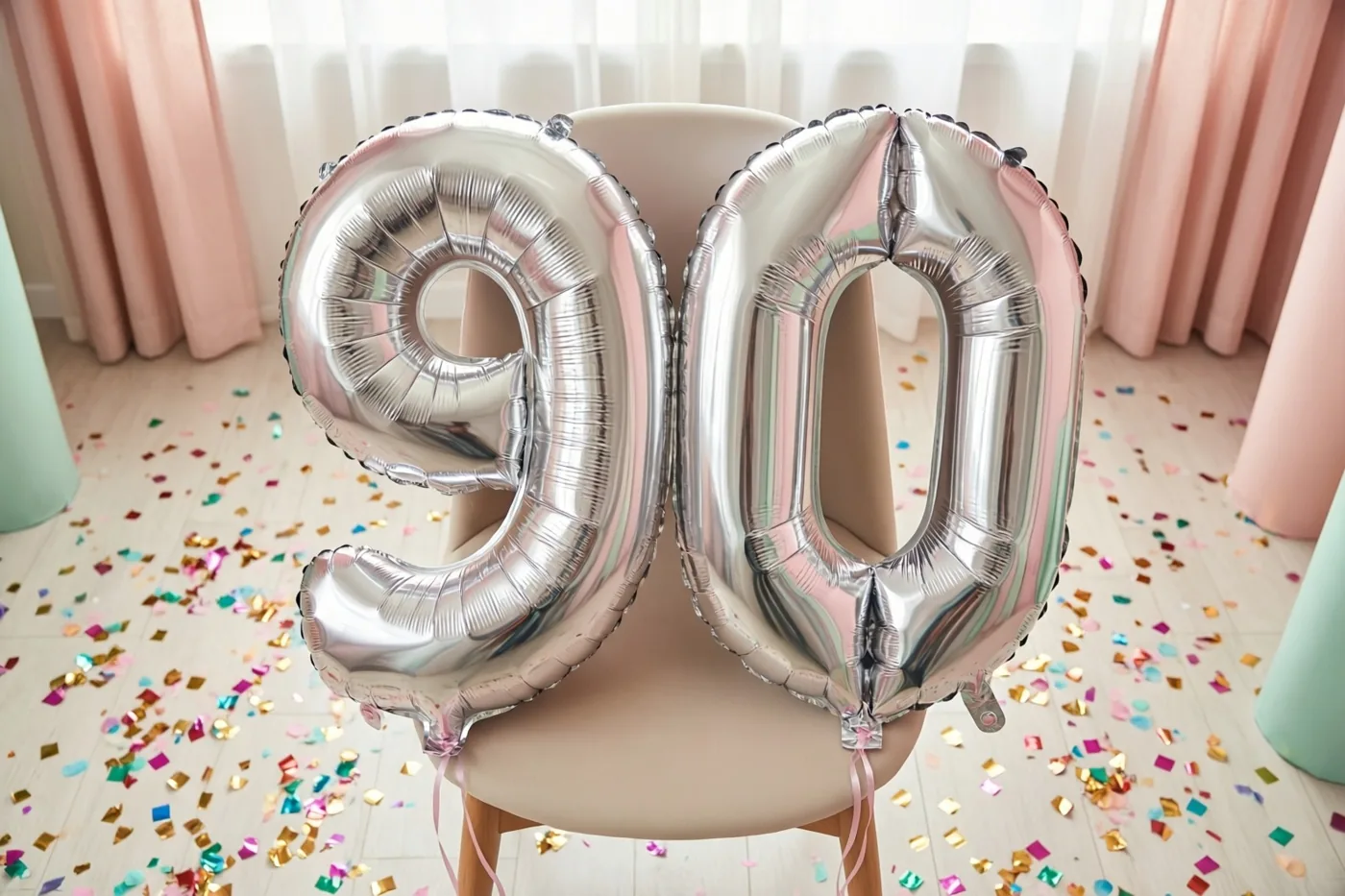 Twee grote zilveren folieballonnen vormen 90 aan een beige stoel in een lichte kamer met kleurrijke confetti op de vloer en pastelroze gordijnen.