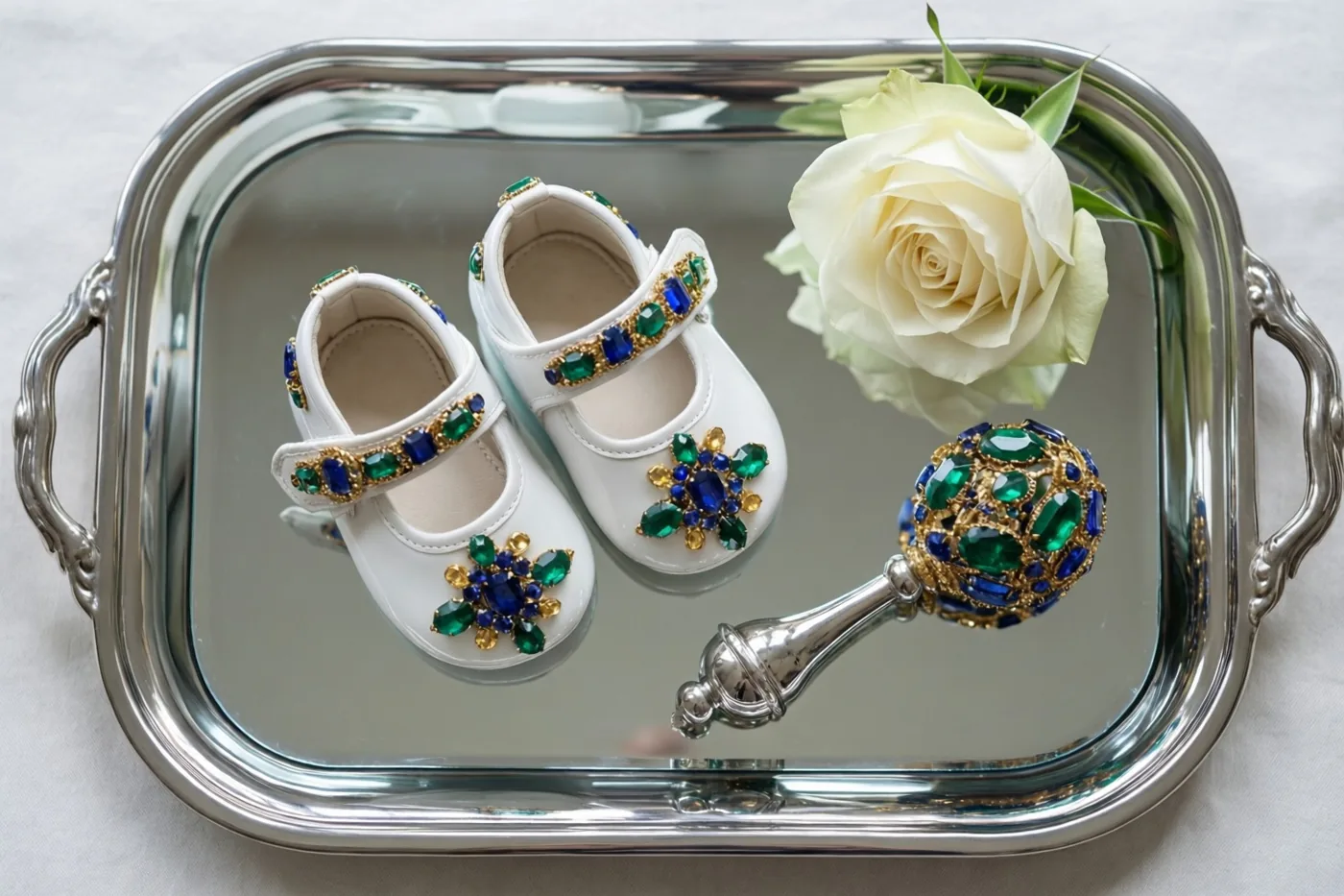 Witte babyschoentjes, een zilveren rammelaar met edelstenen en een witte roos liggen op een spiegelend zilveren dienblad op lichte stof.