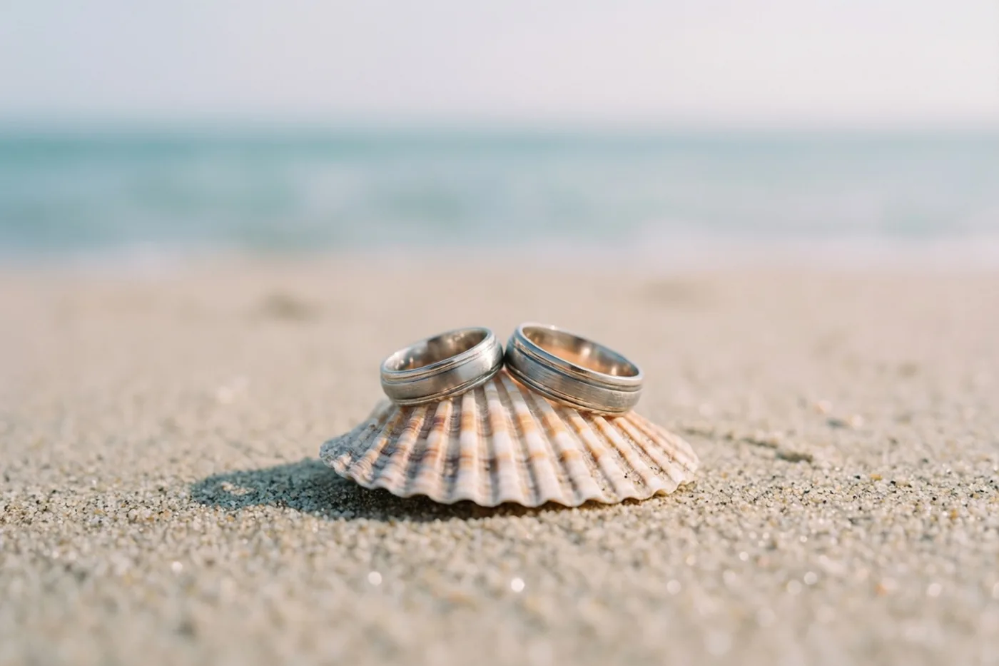 Twee zilveren trouwringen liggen op een sint-jakobsschelp op het zandstrand, met de zee op de achtergrond in zacht natuurlijk licht.