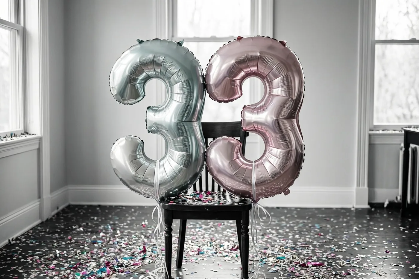 Twee grote folieballonnen in zilver en roségoud vormen 33 en zijn aan een zwarte stoel vastgemaakt in een lichte kamer met confetti op de vloer.