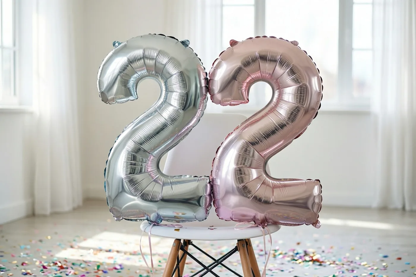Een zilveren en een roségouden cijferballon vormen 22 aan een witte stoel in een lichte kamer met confetti op de vloer en witte gordijnen.