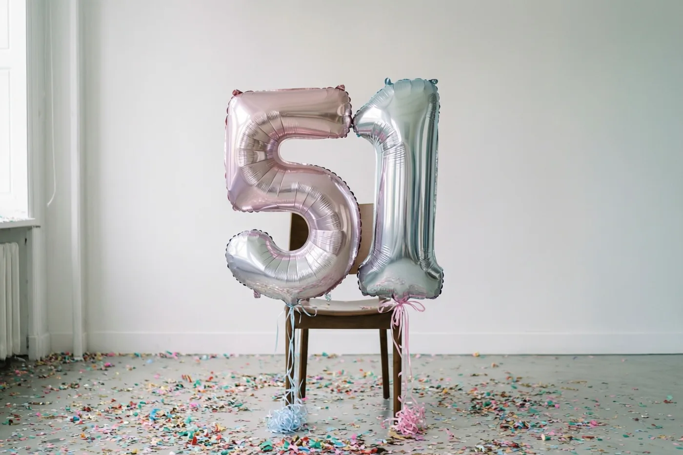 Zilveren en pastelroze folieballonnen 5 en 1 zijn vastgemaakt aan een houten stoel in een lichte, sober ingerichte kamer met kleurrijke confetti op de vloer.