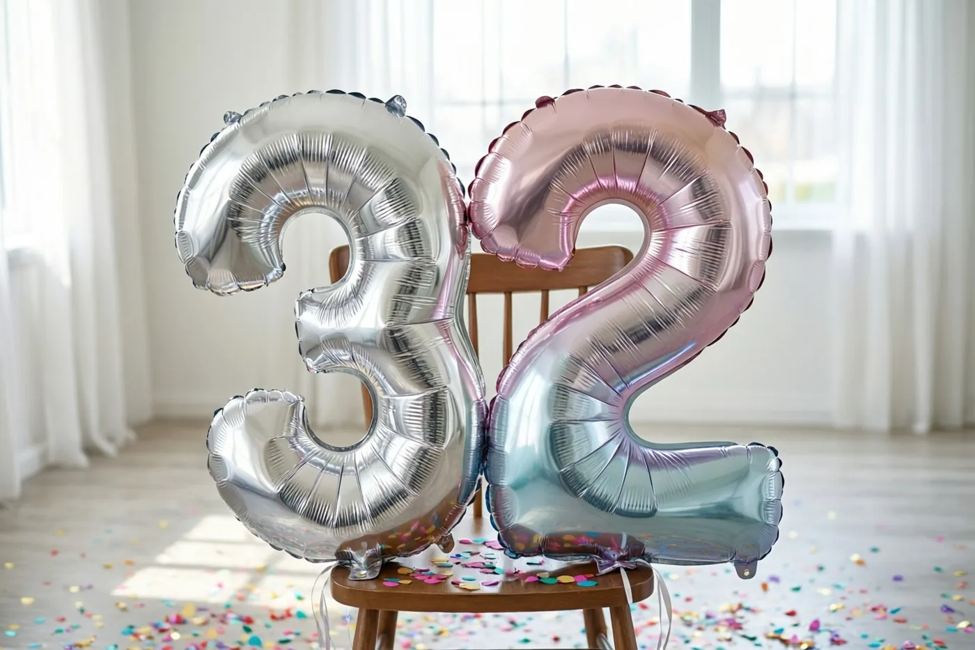 Een zilveren cijferballon 3 en een pastelroze cijferballon 2 zijn vastgemaakt aan een houten stoel in een lichte kamer met kleurrijke confetti op de vloer.