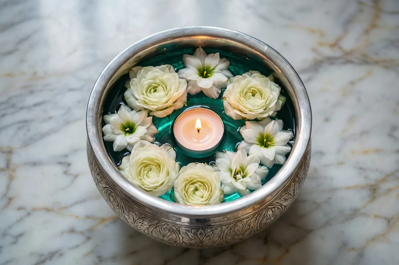 Een zilveren schaal met water, drijvende witte bloemen en een brandend theelichtje staat op wit en goudkleurig marmer, in een beeld met zilveren, witte en blauwgroene tinten.