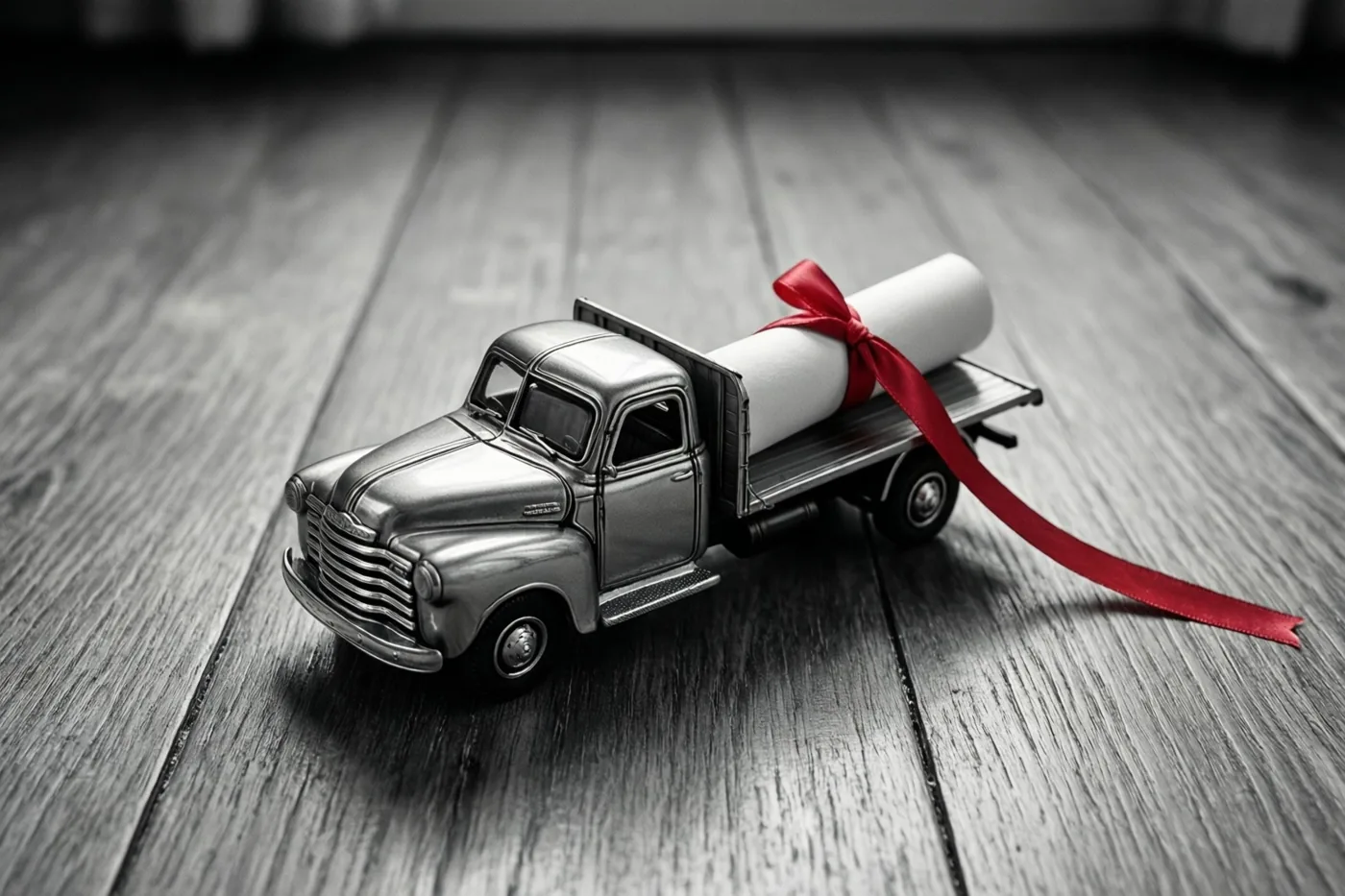 Een kleine zilverkleurige speelgoedvrachtwagen vervoert een opgerold diploma met een rood lint op een houten vloer, in een verder monochroom beeld.
