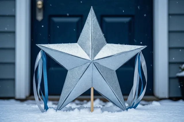Een grote zilveren papieren ster op een stok met blauwe en zilveren linten leunt in de sneeuw tegen een donkerblauwe voordeur.