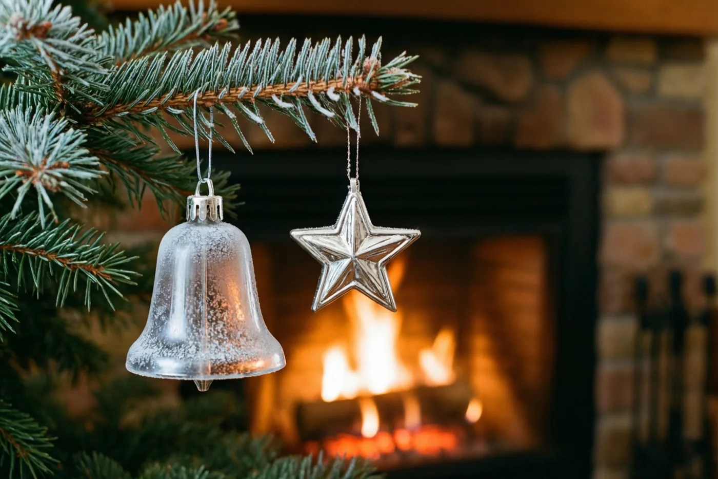 Een klokje van matglas en een zilveren ster hangen aan een licht besneeuwde dennentak voor een warm gloeiende haard, in groene, zilveren en oranje tinten.
