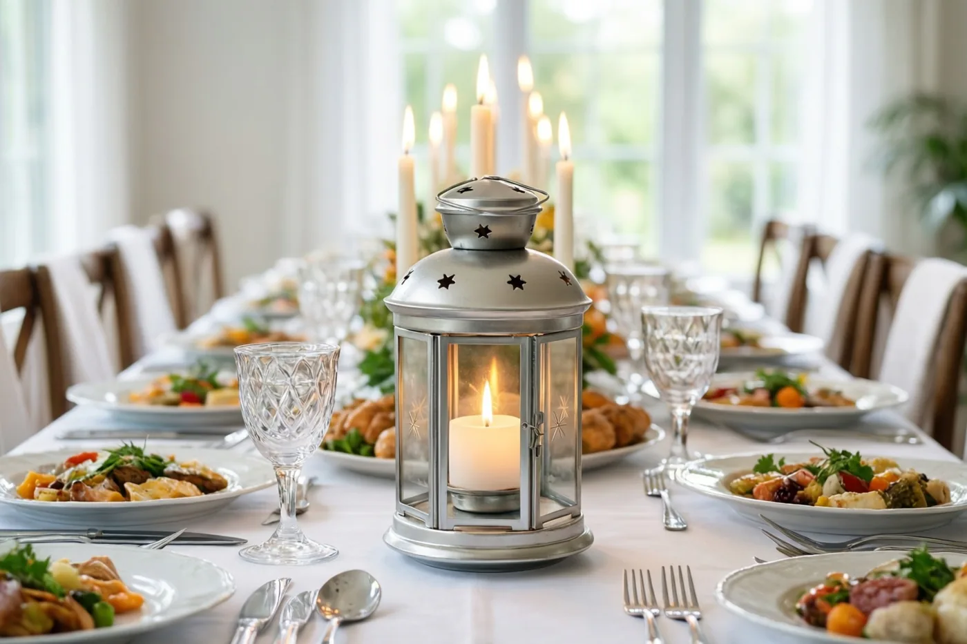 Een lange eettafel met borden eten, bestek en kristallen glazen wordt verlicht door kaarsen en een zilveren lantaarn met stervormige uitsparingen in het midden.