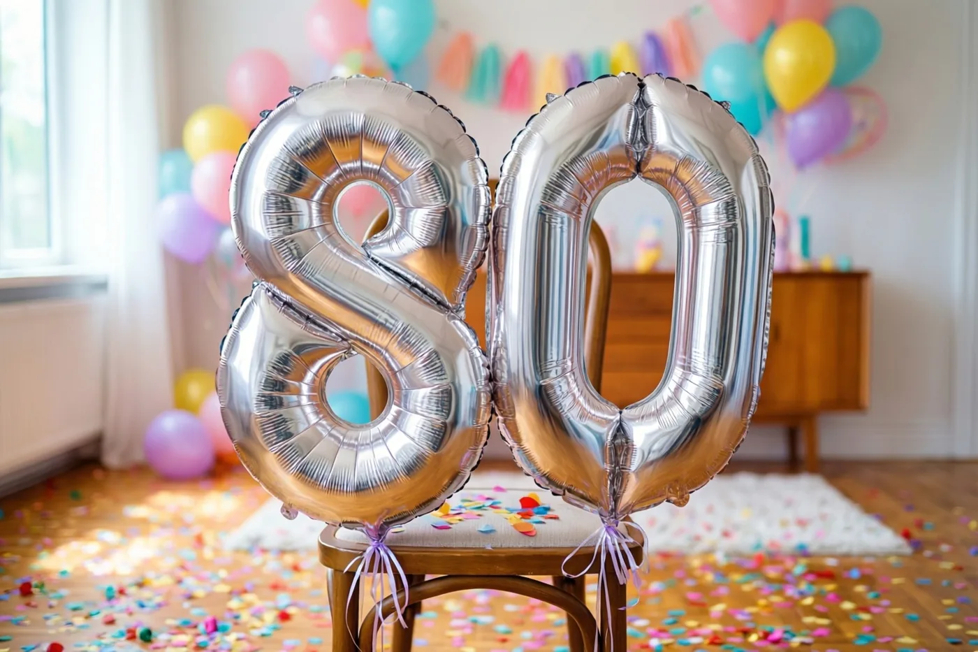 Twee grote zilveren folieballonnen vormen 80 aan een houten stoel in een lichte kamer met gekleurde confetti op de vloer en pastelballonnen op de achtergrond.