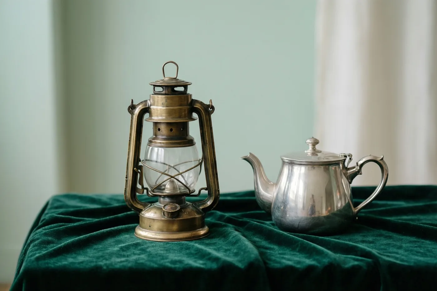 Een messing lantaarn en een zilveren theepot staan naast elkaar op een diepgroene fluwelen doek, tegen een zacht vervaagde lichtgroene muur en een wit gordijn.
