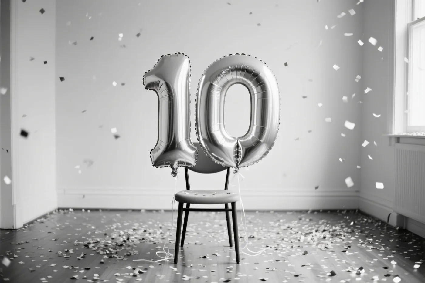 Twee zilverkleurige folieballonnen vormen het getal 10 aan een stoel in een lichte, sober ingerichte kamer, met confetti op de vloer en in de lucht.