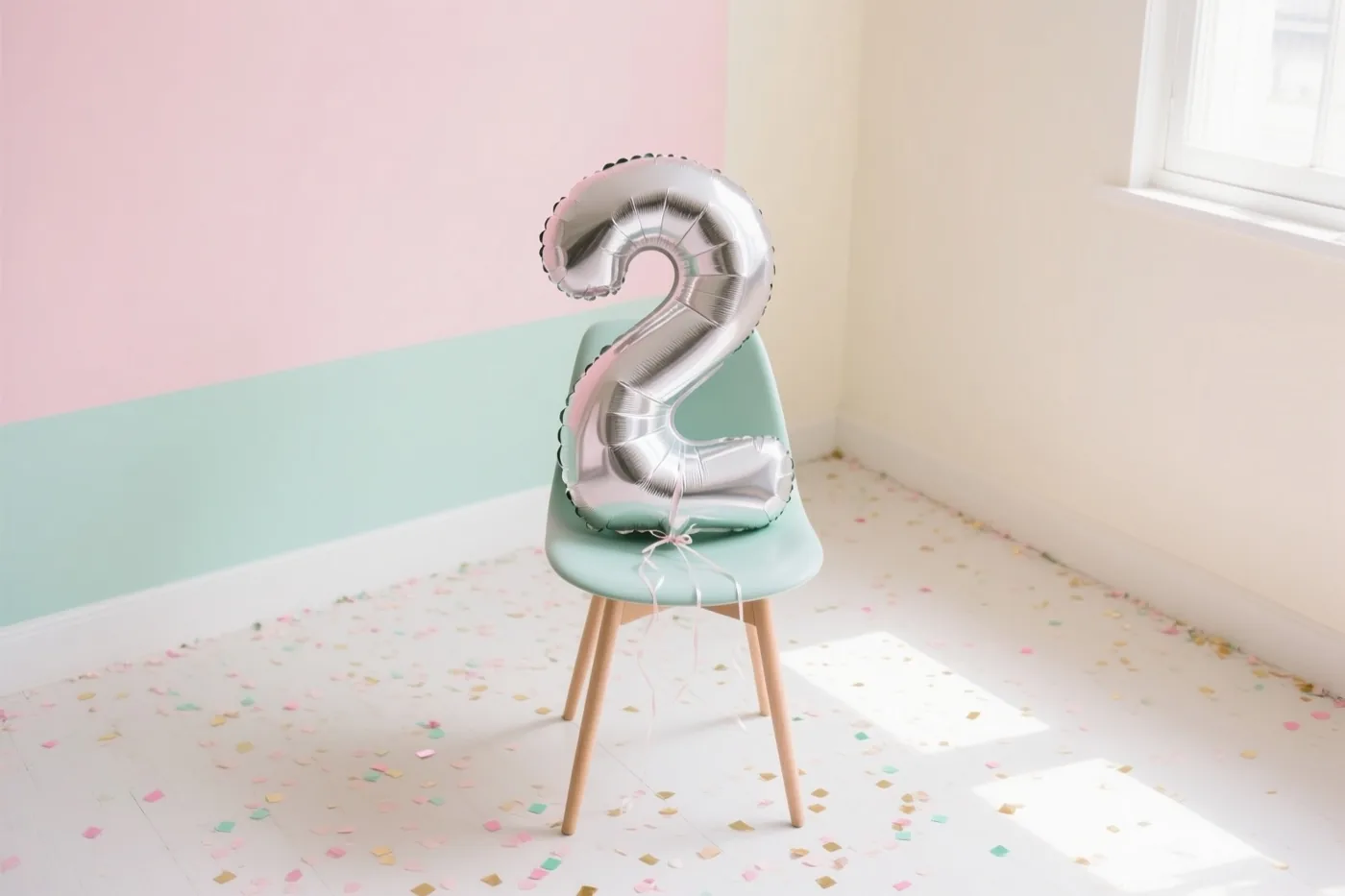 Een zilveren cijferballon 2 is vastgemaakt aan een mintgroene stoel in een lichte kamer met pastelroze en mintgroene muren en kleurrijke confetti op de vloer.