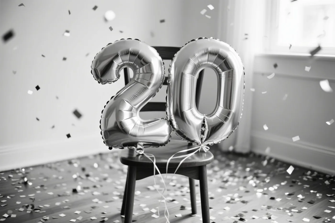 Twee grote zilveren folieballonnen vormen 20 en zijn vastgemaakt aan een houten stoel in een lichte kamer, met confetti op de vloer en in de lucht.