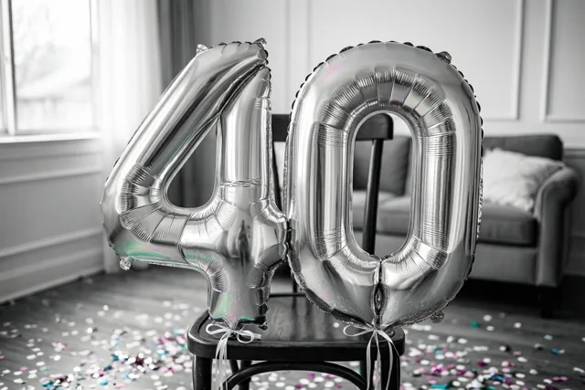 Twee grote zilveren folieballonnen vormen 40 aan een zwarte stoel in een lichte kamer, met confetti op de vloer en een raam op de achtergrond.