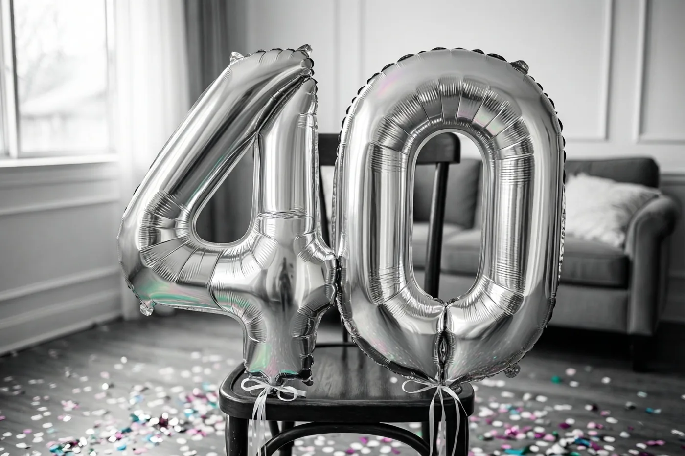 Twee grote zilveren folieballonnen vormen 40 aan een zwarte stoel in een lichte kamer, met confetti op de vloer en een raam op de achtergrond.