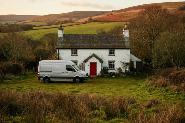 Een zilverkleurige verhuiswagen staat op het gras voor een witgekalkte hoeve met een rode deur, tussen glooiende velden en kale bomen onder een zachtgekleurde hemel.