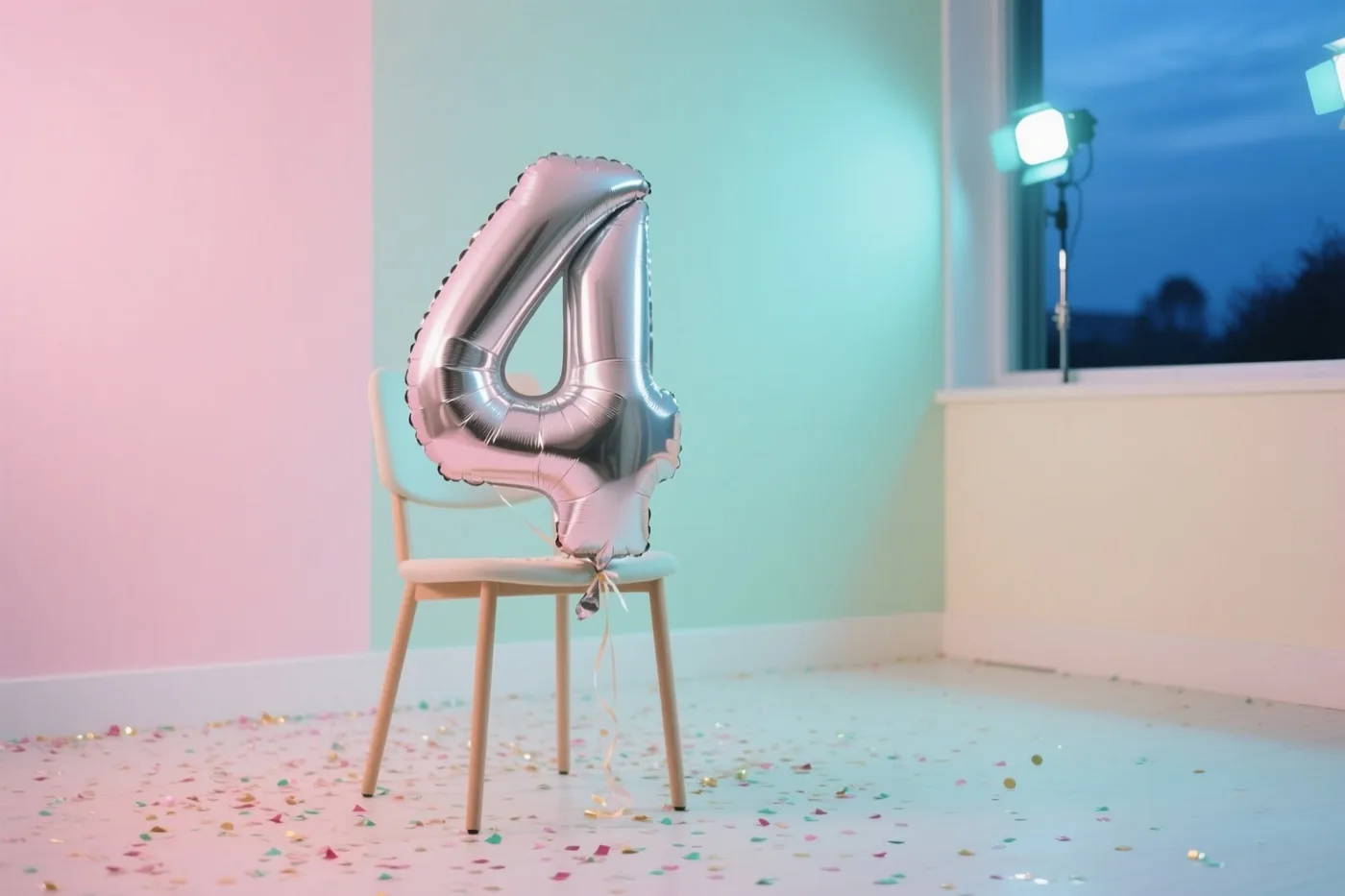Een zilveren folieballon in de vorm van een 4 hangt aan een lichte houten stoel in een kamer met pastelroze en mintgroene muren, confetti en een studiolamp bij het raam.