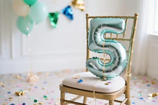 Een grote zilveren cijferballon 5 hangt aan een gouden stoel in een lichte kamer met pastelballonnen en confetti op de vloer.