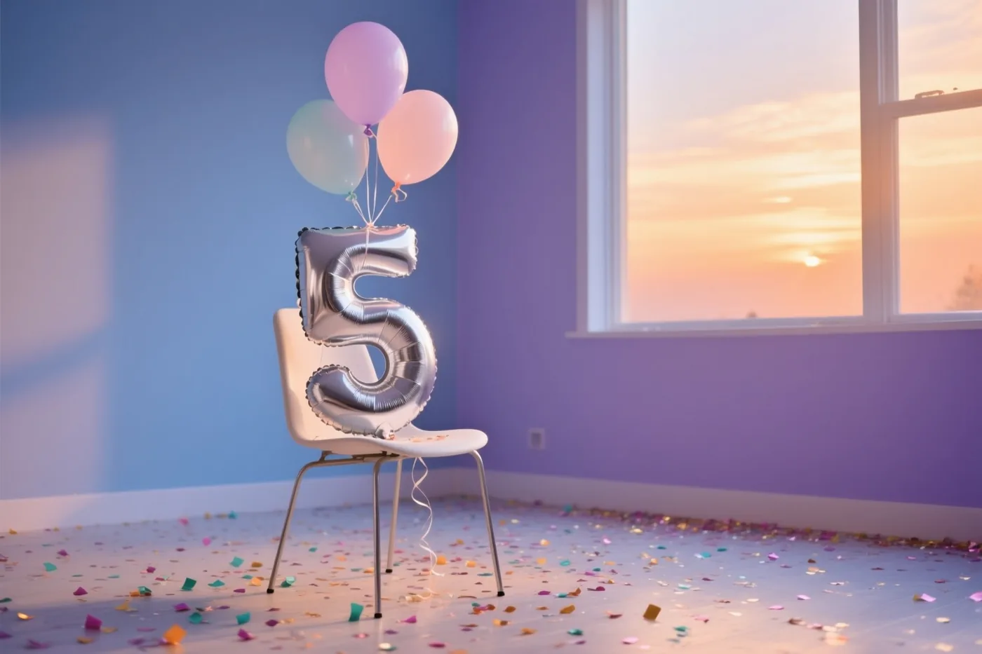Een zilveren cijferballon 5 hangt aan een witte stoel in een kamer met blauwe en paarse muren, pastelballonnen en confetti, met een zonsondergang door het raam.