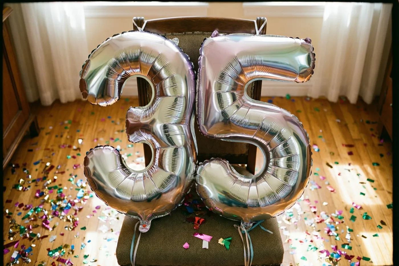Twee grote zilveren folieballonnen in de vorm van 3 en 5 zijn vastgemaakt aan een stoel in een lichte kamer met kleurrijke confetti op de houten vloer.