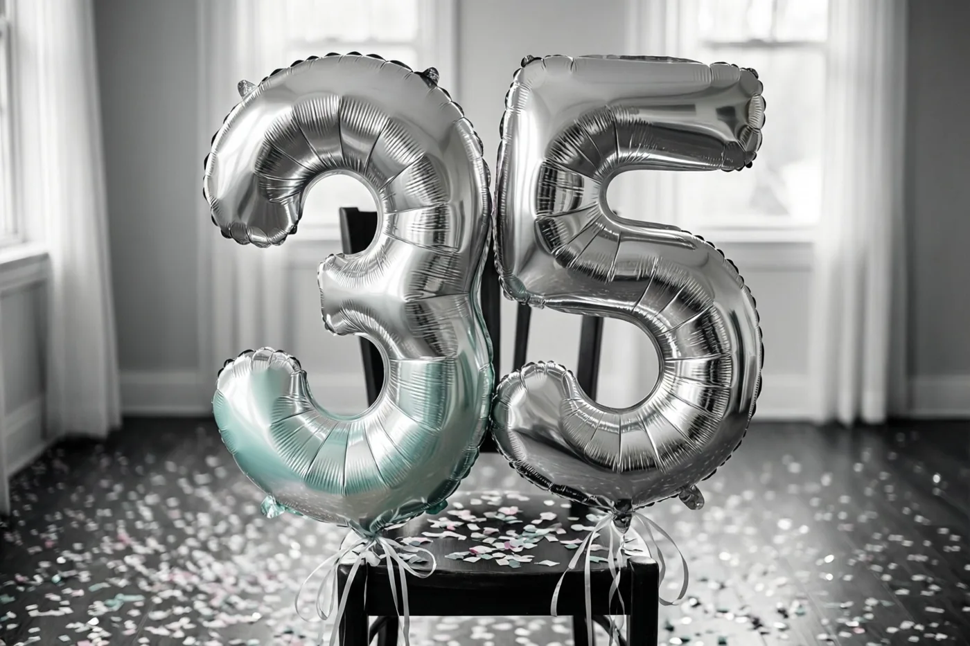 Zilveren folieballonnen in de vorm van 3 en 5 zijn vastgemaakt aan een zwarte stoel in een lichte kamer met pastelkleurige confetti op de vloer.