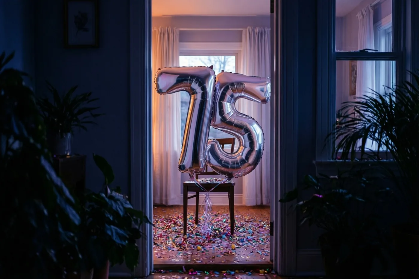 Door een deuropening is een zilveren ballon in de vorm van 75 aan een stoel te zien, met confetti op de houten vloer, lichte pastelwanden en donkere planten vooraan.