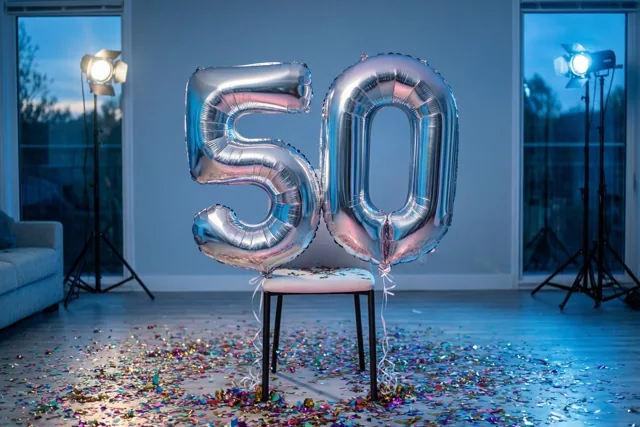 Twee grote zilveren folieballonnen vormen 50 aan een stoel in een moderne kamer met confetti op de vloer, studioverlichting en een koele blauwe sfeer.