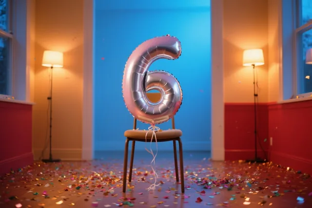 Een grote zilveren ballon in de vorm van het cijfer 6 hangt aan een stoel in een warm verlichte kamer met confetti op de vloer en muren die onderaan rood en bovenaan blauw zijn.