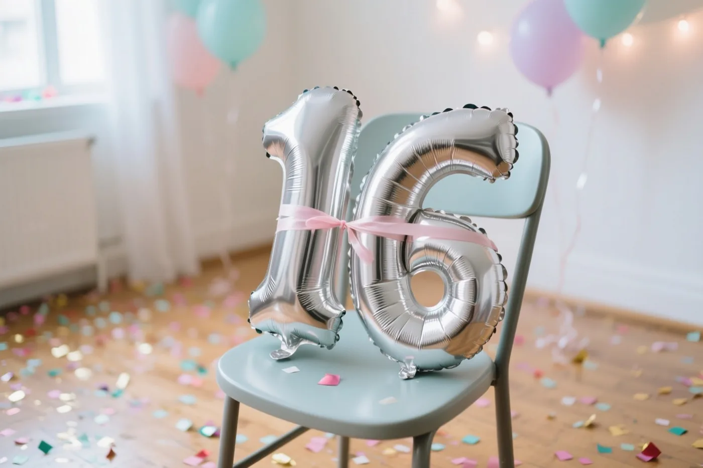 Zilverkleurige cijferballonnen vormen 16 en zijn met een roze lint samengebonden op een lichtblauwe stoel, met confetti op de vloer en pastelballonnen achteraan in een lichte kamer.