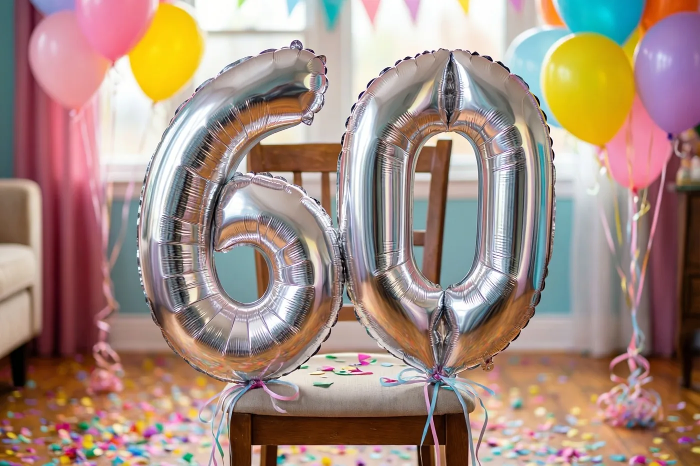 Zilveren folieballonnen vormen 60 aan een houten stoel in een lichte kamer, met kleurrijke confetti op de vloer en pastelballonnen achteraan.