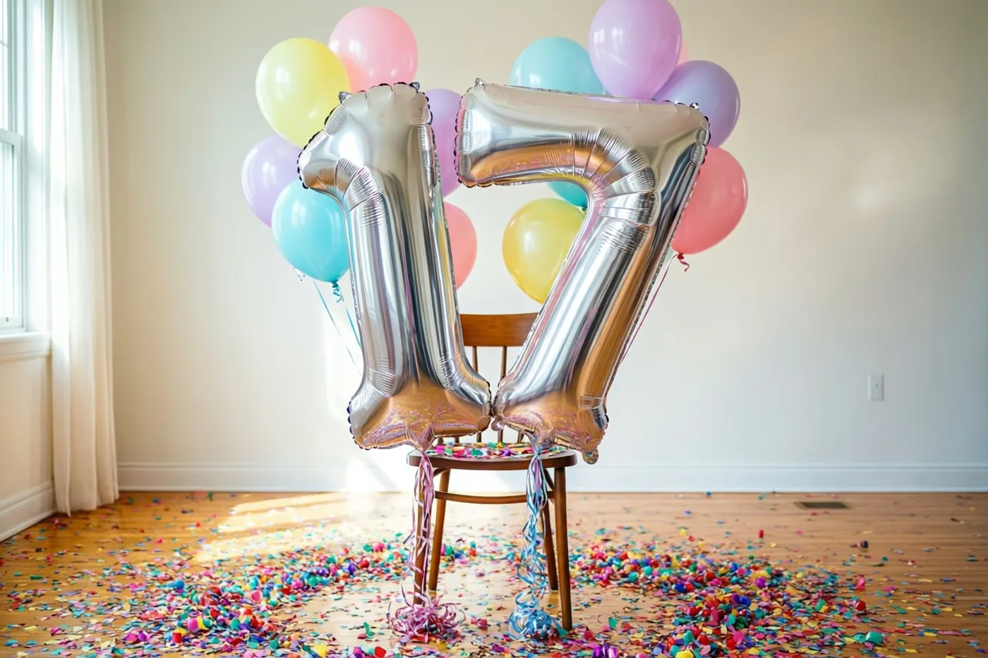 Twee grote zilveren folieballonnen vormen 17 aan een houten stoel, met confetti op de houten vloer, pastelballonnen achteraan en daglicht van een raam links.