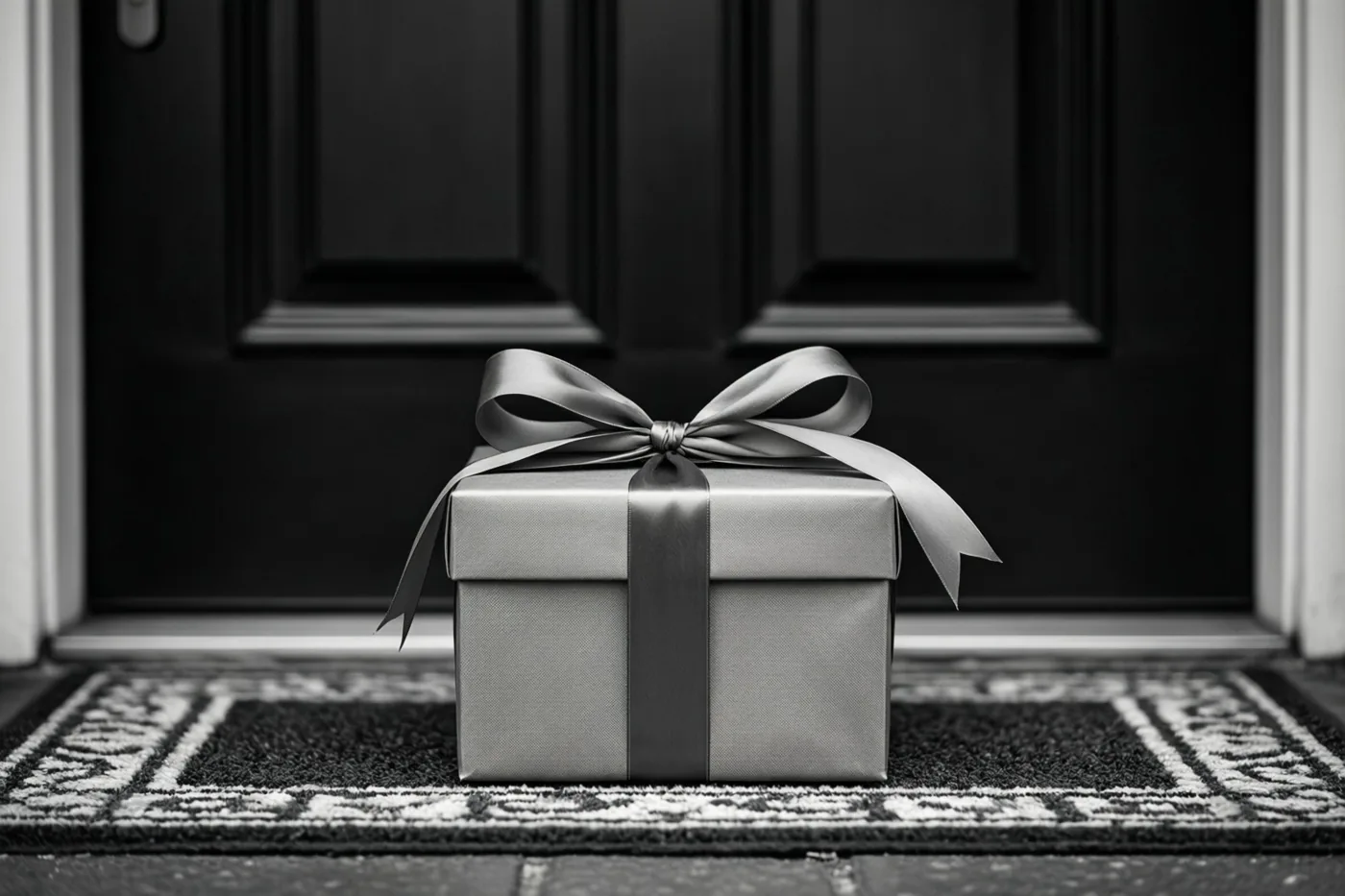 Een zwart-witfoto toont een zilverkleurige geschenkdoos met een satijnen lint op een deurmat met patroon voor een donkere voordeur.