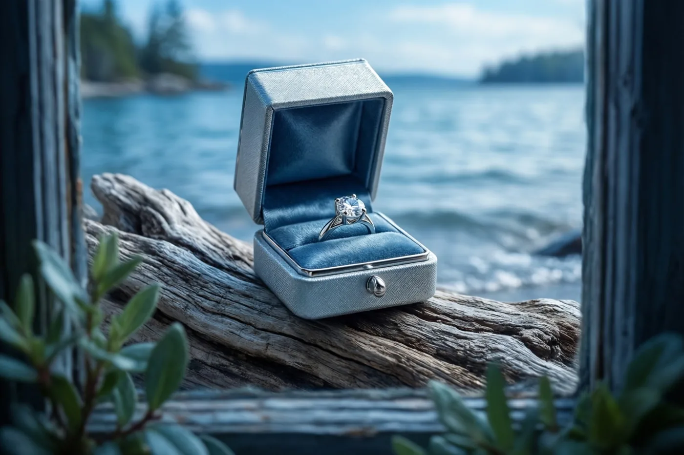 Een open zilverkleurig ringdoosje met een ring met één diamant ligt op verweerd drijfhout aan de waterlijn, tussen houten palen en groen, met onscherp blauw water en land in de verte onder een heldere lucht.