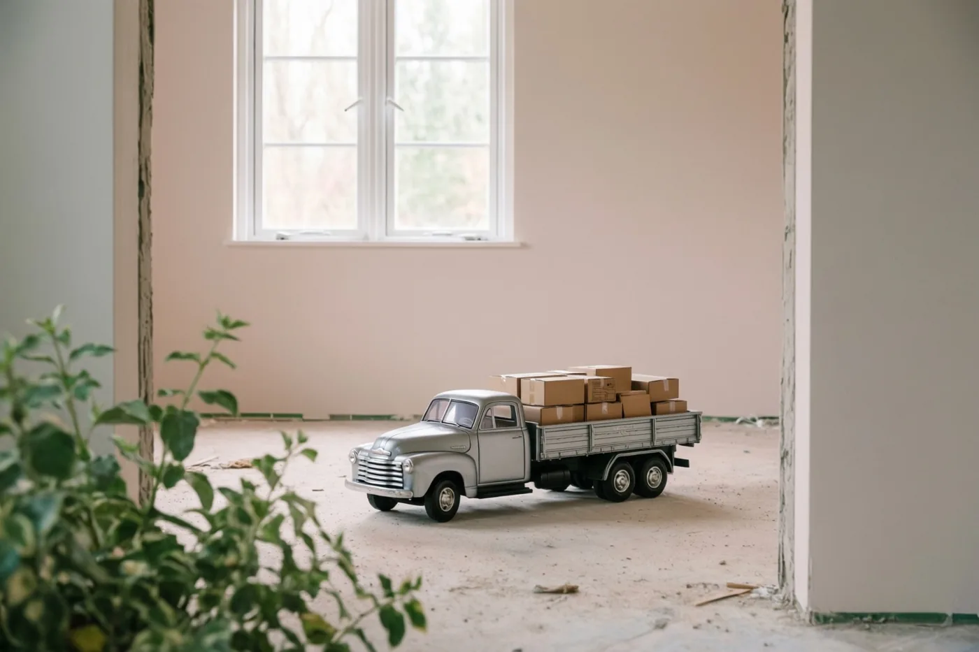 Een zilverkleurige blikken speelgoedvrachtwagen met kartonnen dozen staat op de kale vloer van een lege kamer met lichtroze muren en een raam, met een groene bladplant op de voorgrond.