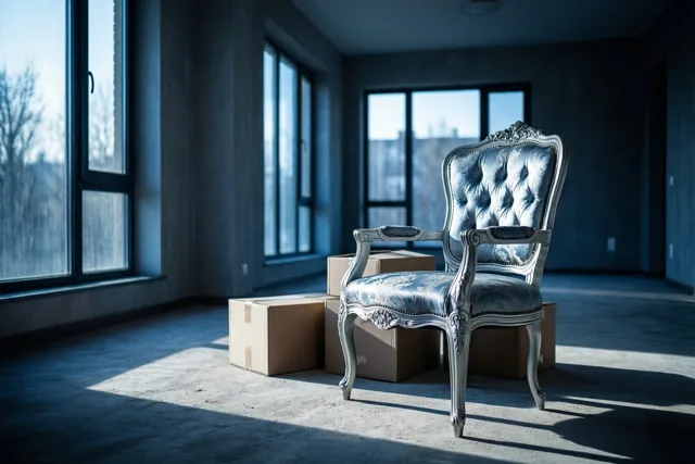 Een stoel met zilverkleurig frame en gecapitonneerde bekleding staat naast kartonnen verhuisdozen op een betonnen vloer in een verder leeg, zonnig appartement met hoge ramen.