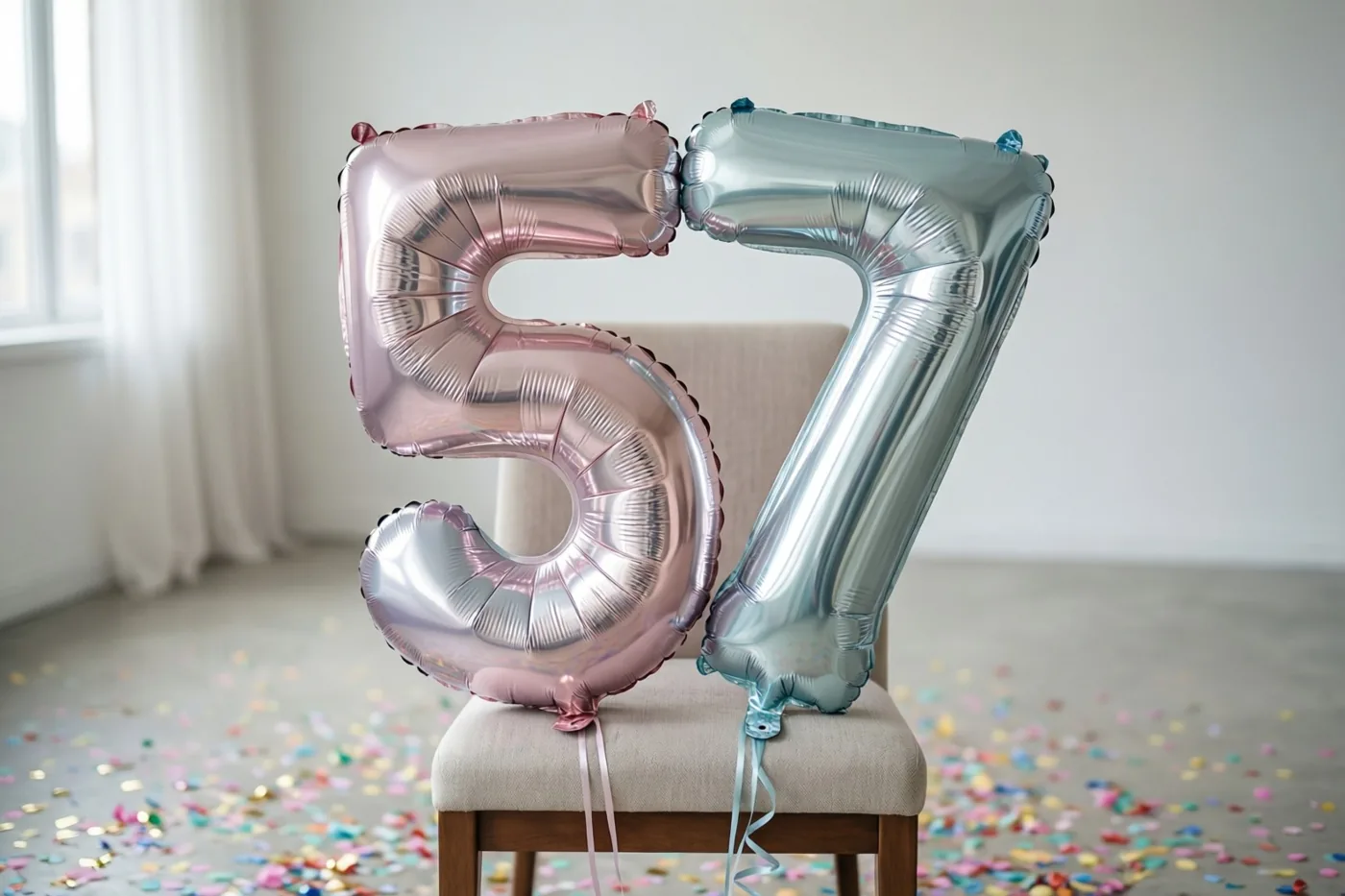 Twee grote folieballonnen in zilver en pastelroze vormen 57 aan een stoel in een lichte kamer met kleurrijke confetti op de vloer.