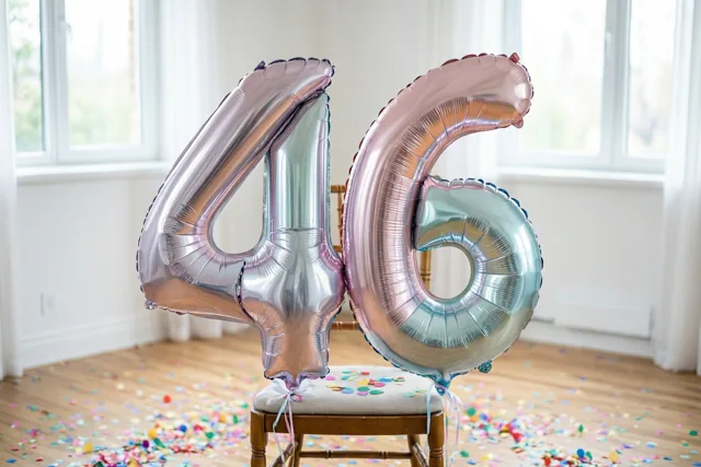 Twee grote cijferballonnen vormen 46 met een kleurverloop van zilver naar pastelroze en zijn vastgebonden aan een stoel in een lichte kamer met confetti op de houten vloer.