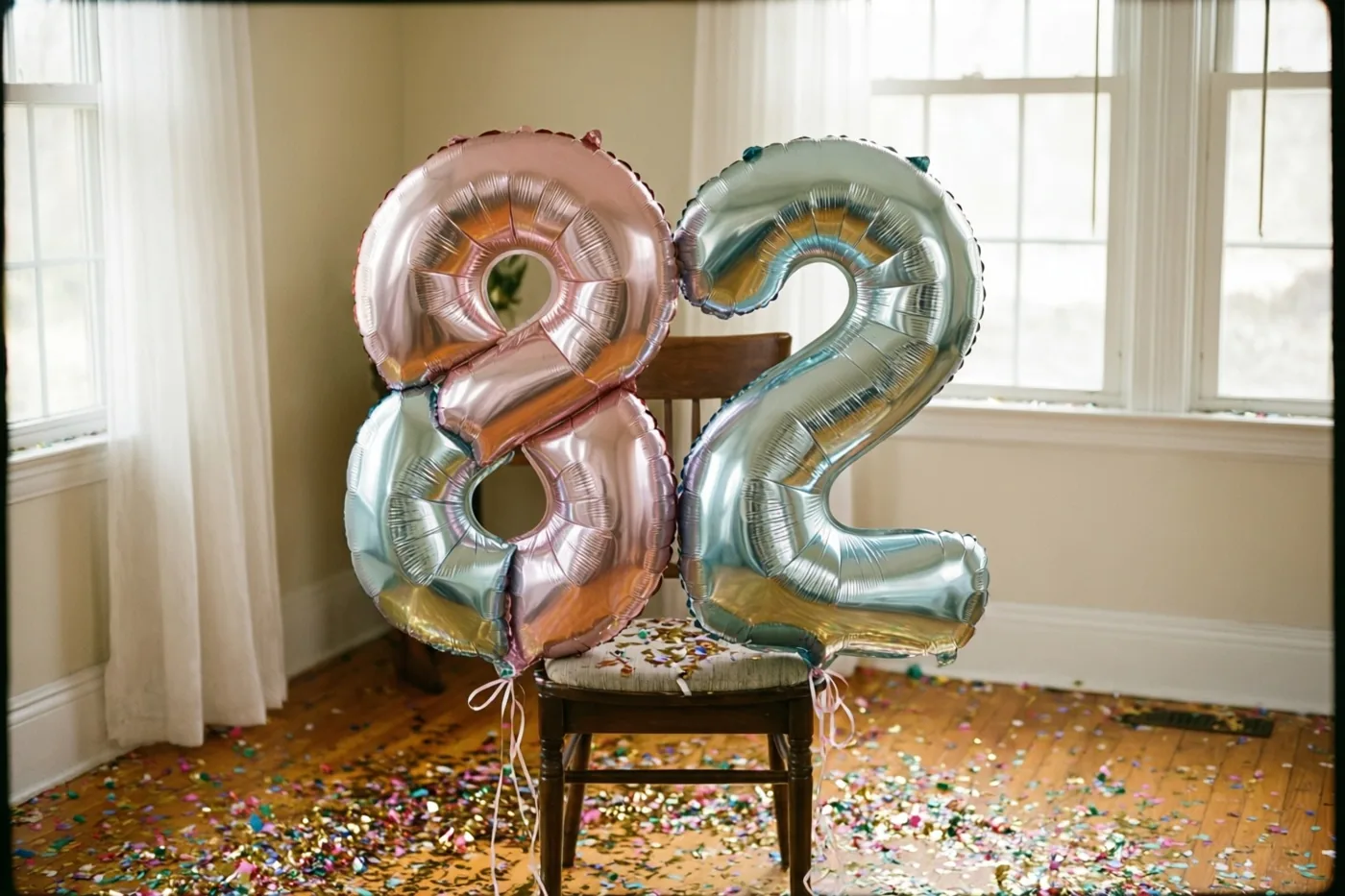 Folieballonnen in de vorm van een 8 en een 2 hangen aan een houten stoel in een lichte kamer, met zilveren en pastelroze glans en confetti op de houten vloer.
